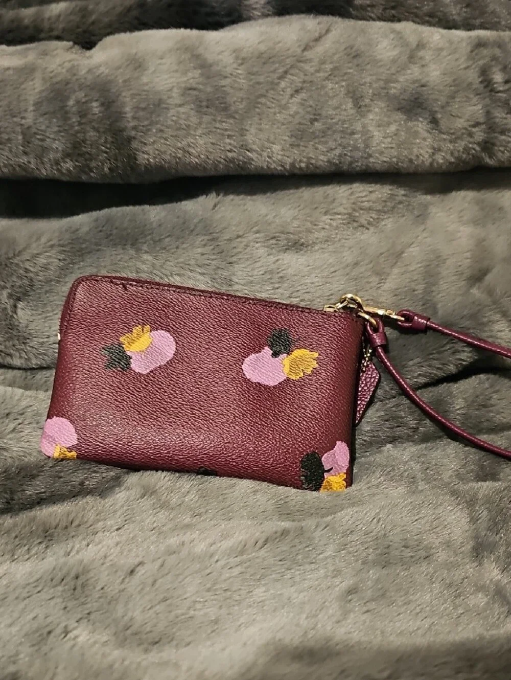 Coach Maroon Floral Wristlet with Pink & Yellow Accents